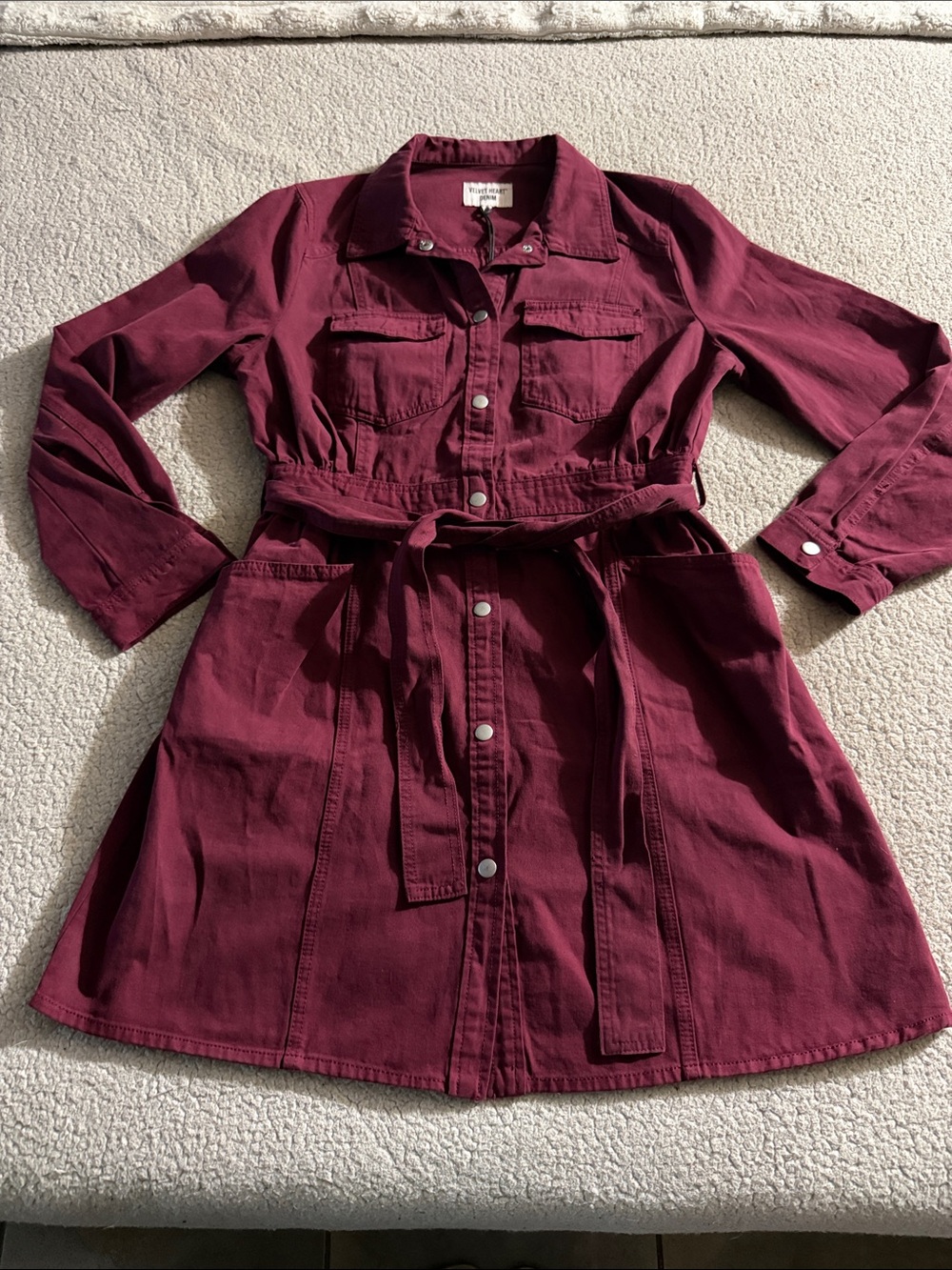 Velvet Heart Burgundy Button-Front Cotton Shirt Dress with Waist Tie Large New